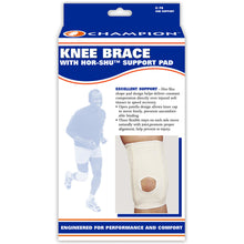 FRONT OF KNEE BRACE WITH HOR-SHU SUPPORT PAD PACKAGING