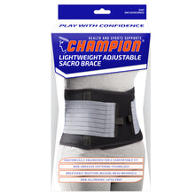 FRONT OF LIGHTWEIGHT ADJUSTABLE SACRO BRACE PACKAGING