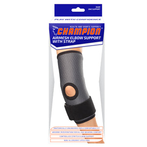 FRONT OF AIRMESH ELBOW SUPPORT WITH STRAP PACKAGING