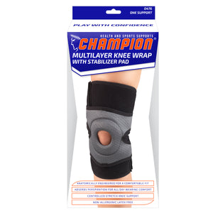 Front of MULTILAYER KNEE WRAP WITH STABILIZER PAD PACKAGING
