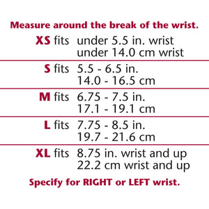 RIGHT HAND ELASTIC WRIST SPLINT SIZE CHART