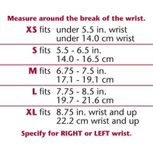 LEFT HAND ELASTIC WRIST SPLINT SIZE CHART