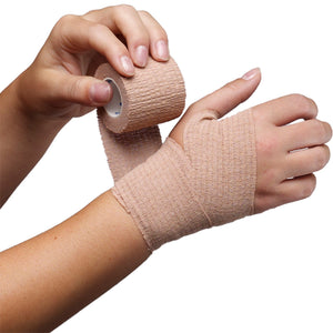 SELF-ADHERING ELASTIC BANDAGE BEING APPLIED TO HAND