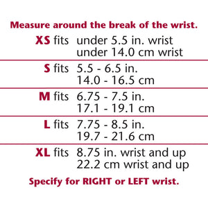 SIZE CHART FOR ELASTIC PULLOVER WRIST SPLINT - REVERSIBLE 