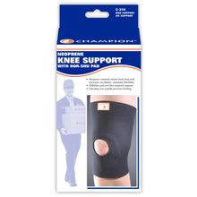 FRONT OF NEOPRENE KNEE SUPPORT WITH HOR-SHU PATELLA STABILIZER PACKAGING