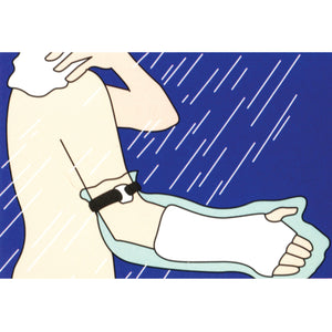 ILLUSTRATION OF CAST PROTECTOR HALF-ARM BEING USED IN SHOWER