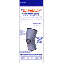 BACK OF AIRMESH KNEE SUPPORT WITH STABILIZER PAD PACKAGING